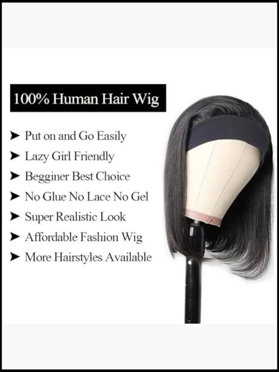Bob Headband Wig Human Hair Short Straight Remy Easy Wear Go Glueless 8 Inch